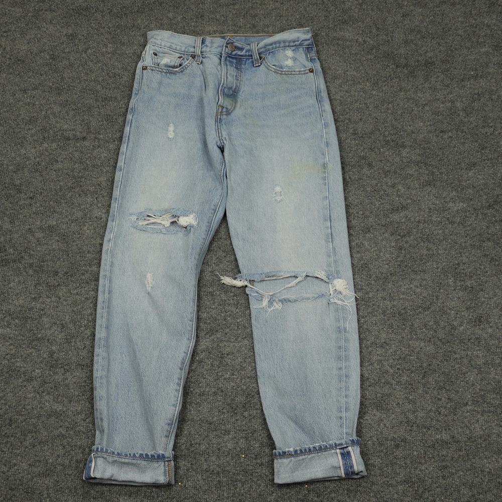 Levi's 501 Jeans Women 26 Light Blue Distressed Selvedge Straight Leg Denim